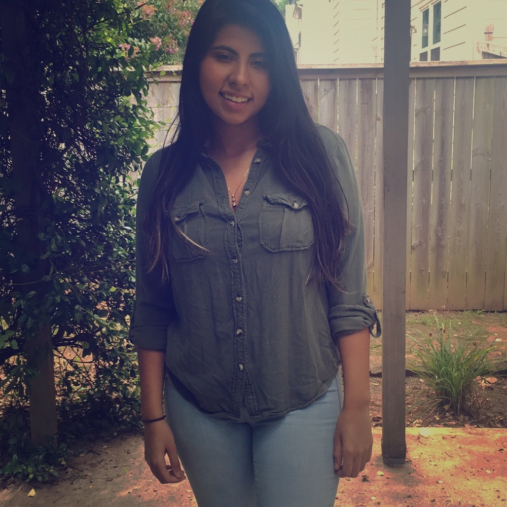 Aged green button down